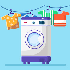 Flat illustration washing machine and clothes being dried