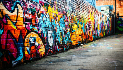 Obraz premium A graffiti-covered urban wall, showcasing vibrant colors, bold lines, and an edgy, artistic vibe