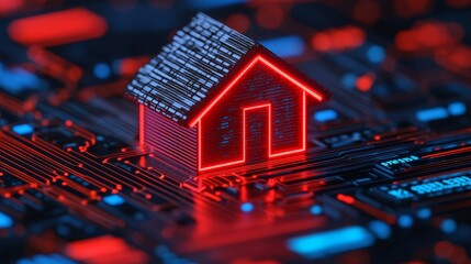 Futuristic Smart Home Concept with Glowing House Icon on Circuit Board Background Representing Modern Technology Integration