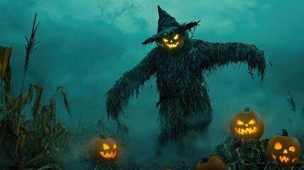 Fototapeta premium A spooky scarecrow standing in a cornfield at dusk, with fog rolling in and glowing jack-o'-lanterns at its feet.
