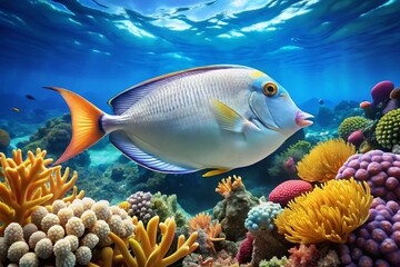 Vibrant White Margin Unicornfish Swimming Gracefully in Clear Tropical Waters of a Coral Reef