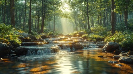 Obraz premium Serene forest landscape with a gentle stream and sunlight filtering through.