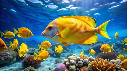 Naklejka premium Vibrant Yellow Fish Swimming Gracefully in Clear Blue Waters of a Tropical Ocean Environment