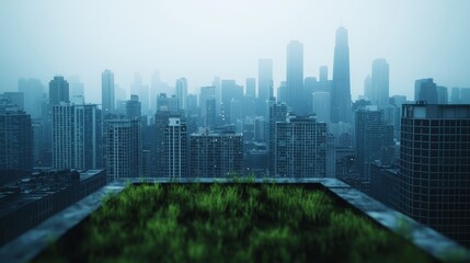 Fototapeta premium Sustainable Urban Development: Green Rooftop with City Skyline Emphasizing Environment Social Governance (ESG) Principles