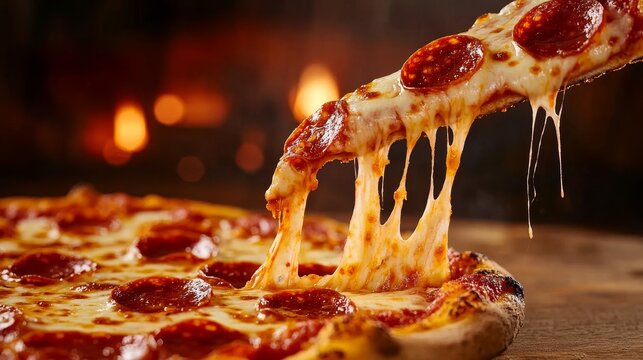 A close-up of a cheesy pepperoni pizza slice with gooey cheese stretching out, tempting taste buds and evoking feelings of comfort, satisfaction, and indulgence.