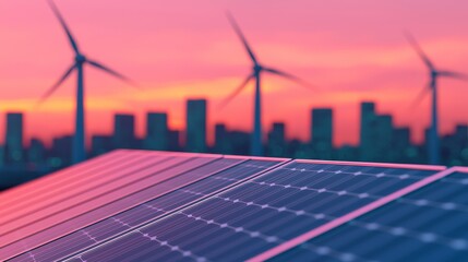 Sustainable Energy Solutions: Solar Panels and Wind Turbines in Urban Setting at Sunset for ESG and Green Investment Concepts