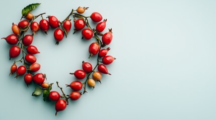 Rosehip fruit arranged in the shape of a heart copy space blank background