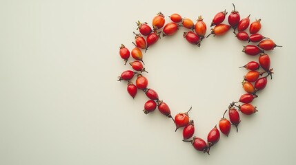 Obraz premium Rosehip fruit arranged in the shape of a heart copy space blank background