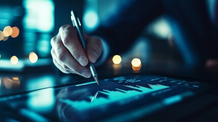 A close-up of a hand analyzing a stock market graph on a tablet, symbolizing investment, finance, data analysis, technology, and strategy.