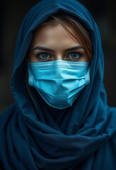 Naklejka premium Woman Wearing a Blue Face Mask and Headscarf