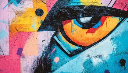 A graffiti-covered urban wall, showcasing vibrant colors, bold lines, and an edgy, artistic vibe