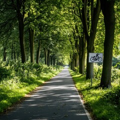 A tranquil, tree-lined path with a bike lane sign, offering a scenic route for cyclists.