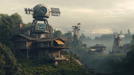 Futuristic Wooden Houses with Windmill Towers in a Misty Forest