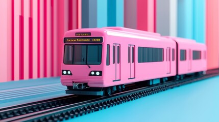 Fototapeta premium Vibrant Pink Modern Train on Tracks with Colorful Geometric Background