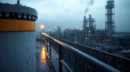 Obraz premium Industrial Facility in Rain Highlighting Environmental and Social Governance (ESG) Concerns