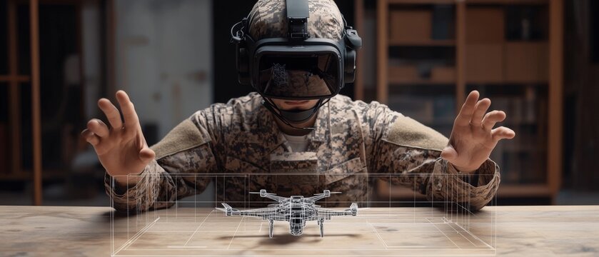 Soldier Using VR Headset to Control Drone