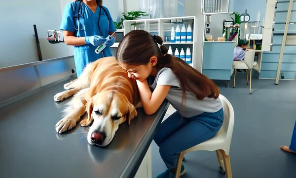 Petite fille en larmes devant son vieux chien chez le v&eacute;t&eacute;rinaire, pr&ecirc;t &agrave; recevoir une injection pour &ecirc;tre euthanasi&eacute;, sc&egrave;ne &eacute;motive et d&eacute;chirante d'adieu &agrave; un compagnon fid&egrave;le
