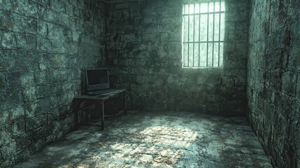 Grungy Prison Cell with Computer and Window