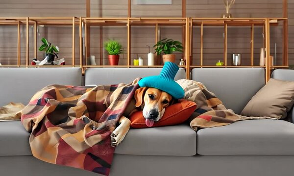 Chien malade et fi&eacute;vreux, allong&eacute; sur un divan avec une poche &agrave; glace sur la t&ecirc;te et un plaid, qui dort et n'arrive pas bouger
