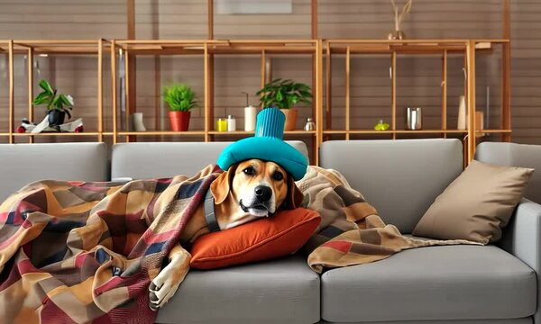 Chien malade allong&eacute; sur un divan avec une poche &agrave; glace sur la t&ecirc;te et un plaid, r&eacute;agissant &agrave; l'appel de son ma&icirc;tre, sc&egrave;ne touchante et r&eacute;confortante dans un cadre familial