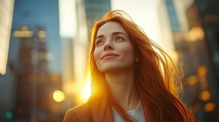 Fototapeta premium successful and wealthy ginger businesswoman in an urban city at sunset, standing among skyscrapers, thinking of new investment opportunities and future vision, planning financial growth