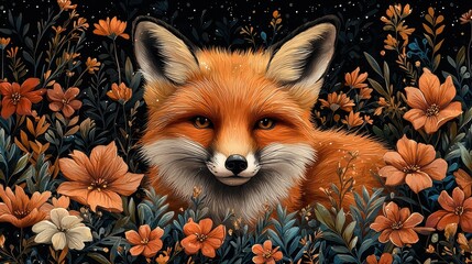 Fototapeta premium Red Fox in Autumn Flowers Nature Illustration