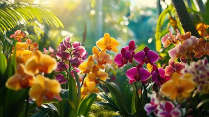 A tropical orchid garden with multiple varieties of orchids blooming in different colors.