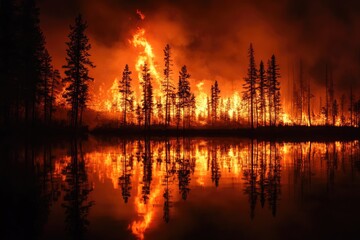 Fototapeta premium A Fiery Forest Fire Reflecting in a Still Lake at Night
