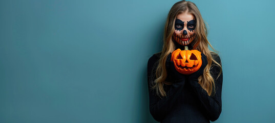 young woman with skull face paint holds carved pumpkin against blue background, embodying Halloween spirit with playful yet spooky vibe