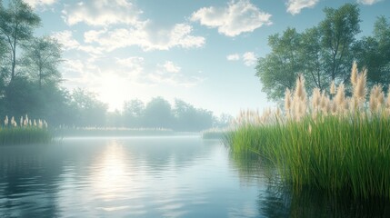 Serene river landscape with reeds and soft sunlight.