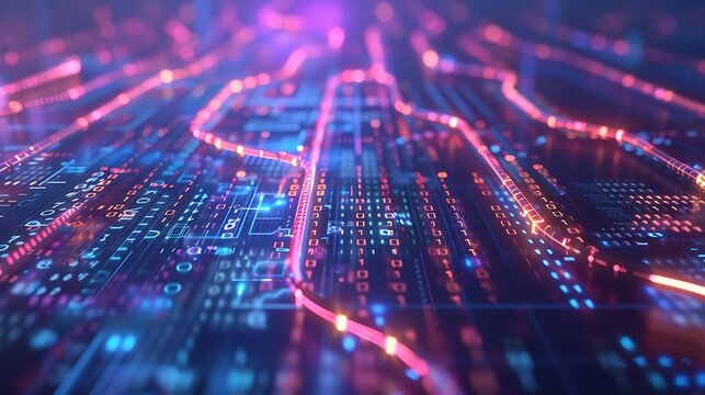 An abstract visualization of data flow with streams of light and binary code connecting various nodes, representing digital connectivity and information exchange. 8k UHD, suitable for high-quality 