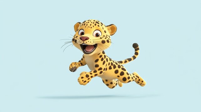 A cute cartoon leopard character joyfully running with a big smile, capturing the essence of playful energy and happiness.