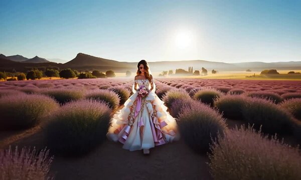 Mari&eacute;e dans une robe princesse boh&egrave;me avan&ccedil;ant dans un champ de lavande en fleur en Provence, ambiance romantique et naturelle avec des couleurs estivales et une touche de po&eacute;sie