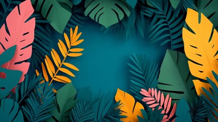 Sustainable ESG Concept with Vibrant Paper Cutting Art of Tropical Leaves and Foliage on a Teal Background