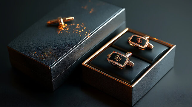 Elegant monogrammed cufflinks displayed in sleek gift box, perfect for special occasions or as thoughtful gift. luxurious design adds touch of sophistication. 