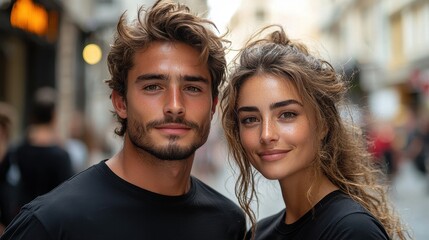 Fototapeta premium Young Couple Posing In City Street Romantic Couple Portrait Fashionable Man and Woman