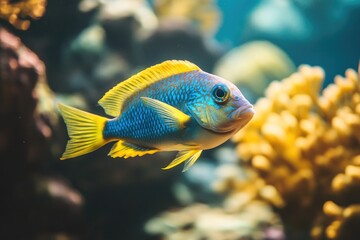 Obraz premium A Vibrant Blue and Yellow Fish Swimming in an Aquarium