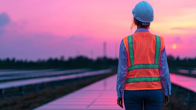 Engineer Overlooking Solar Panels at Sunset Representing Environment Social Governance (ESG) Concept in Renewable Energy Sector