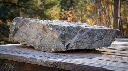 Obraz premium flat stone podium on a rock platform serves as a stylish showcase against a backdrop of verdant forest scenery