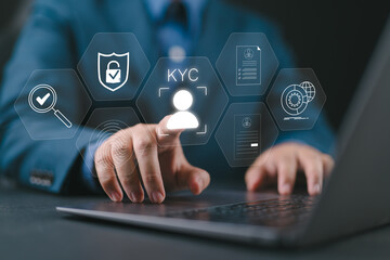 Interactive KYC compliance interface with the user. Business professional interacting with a Know Your Customer (KYC) compliance and security interface on digital screen. Identity verification, E KYC