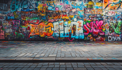 Fototapeta premium A graffiti-covered urban wall, showcasing vibrant colors, bold lines, and an edgy, artistic vibe