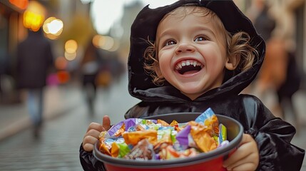 Fototapeta premium A young child in a vampire costume, grinning with fake fangs and holding a bucket filled with candy during trick-or-treat.