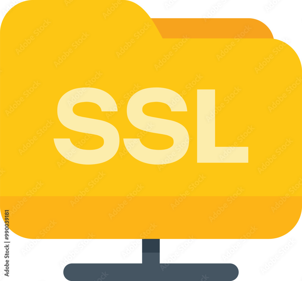 Poster yellow folder with ssl text connecting through server, concept for ssl certificate and secure data t