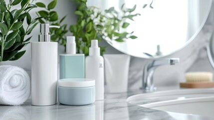 Fototapeta premium Wrinkle removal products on a bathroom counter, showcasing various solutions.