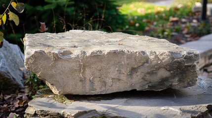 Obraz premium flat stone podium on a rock platform serves as a stylish showcase against a backdrop of verdant forest scenery