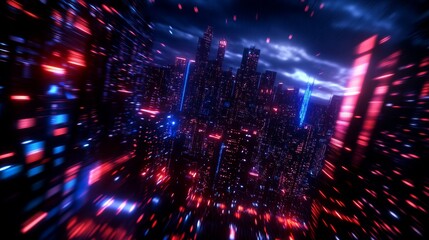 Fototapeta premium A futuristic cityscape with glowing neon lights, representing the vulnerability of smart city infrastructure to cyberattacks and rogue AI.
