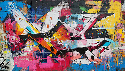 Obraz premium A graffiti-covered urban wall, showcasing vibrant colors, bold lines, and an edgy, artistic vibe