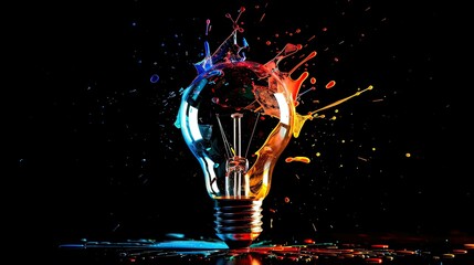 A creative explosion of color from a light bulb, capturing the beauty of shattered glass and paint splatter. 