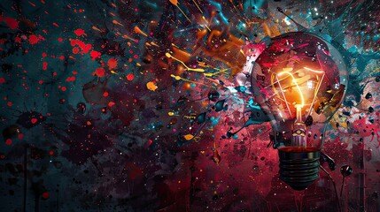 A creative explosion of color from a light bulb, capturing the beauty of shattered glass and paint splatter. 