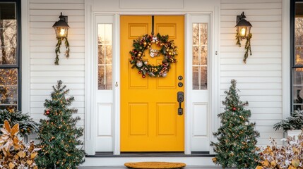 Yellow front door with seasonal decorations, showcasing a festive and welcoming look.